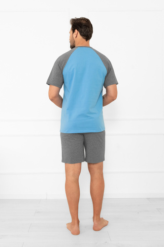 Мъжка пижама Alexander Italian Fashion - къси ръкави и къси панталони, 100% памук - синьо/сиво