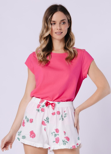 Дамска Пижама 1724 Valencja Leveza – Луксозна Бавовнена Пижама с Къс Ръкав, Декорирани Шорти с Волани и Сатенена Панделка