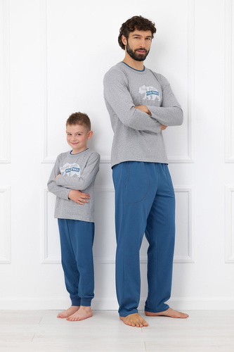 Мъжка пижама Italian Fashion Kasim 100% памук, дълга, с мече и джобове - меланж
