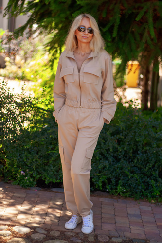 Памучен дамски анцуг Mili Mirale, удобен комплект с джобове - полско производство - бежов