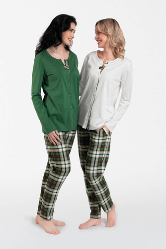 Asama Разкопчана дамска пижама с дълъг ръкав, дълъг панталон Италианска мода зелено/принт 