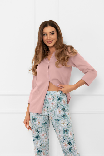 Дамска пижама Sekwoja - памучна, с 3/4 ръкав и панталон, с копчета Италианска мода  