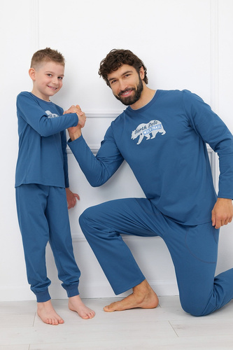 Мъжка пижама Italian Fashion Kasim 100% памук, дълга, с мече и джобове - дънкова