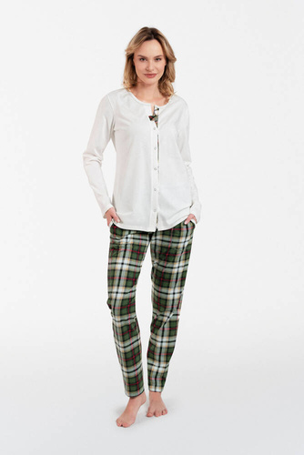 Asama Дамска пижама с разкопчани копчета, дълъг ръкав и дълъг панталон Италианска мода - екрю/принт
