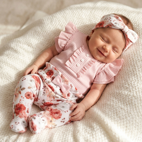 ABK-0056 Комплект за бебе NINI Roses от органичен памук Боди Лента Полукомбинезон