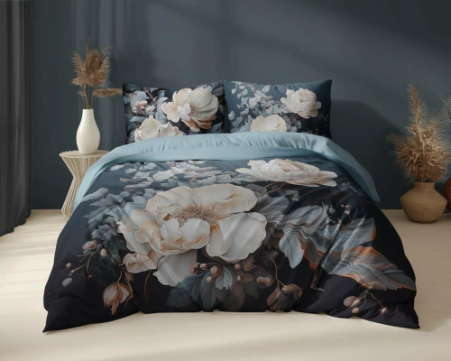 5131 Комплект спално бельо от памук Holland Detexpol, тъмен с бежови и кремави божури – 100% памук, двустранен, полско производство