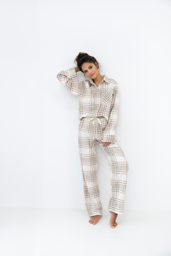 Дамска пижама Adalyn Sensis - карирана памучна фланела, закопчаване с копчета