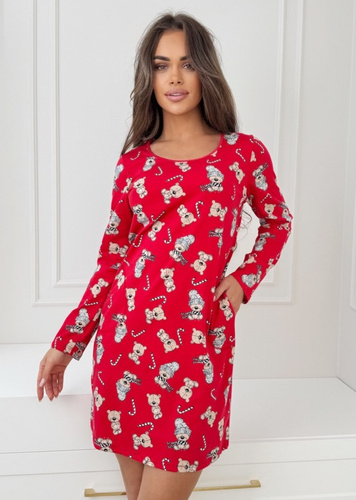 Дамска нощница Donna с принт Bear - памучна, празнична, с джобове