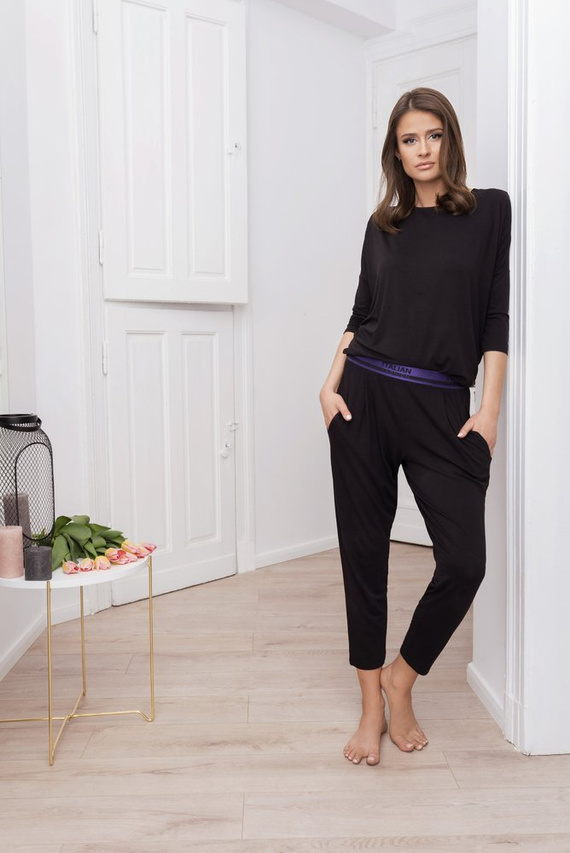 Стил Дамски комплект с 3/4 ръкав, дължина.италианска мода панталони черни