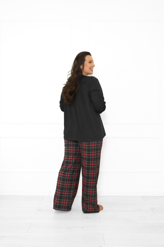 Италианска мода дамска пижама, тъмен меланж-памук, дълъг ръкав и панталон, карирана 