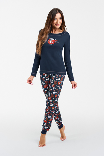Makala Дамска пижама с дълъг ръкав и дълъг панталон Италианска мода - морско синьо/принт 