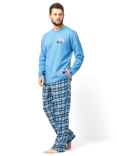 Мъжка пижама MNS 626 Key blue - дълги ръкави, фланелен памучен панталон