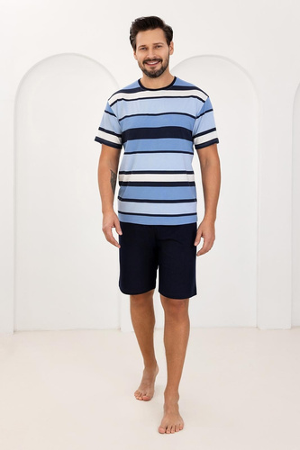 Мъжка Пижама 501 Regina – 100% Памук, Райе, Къс Ръкав + Шорти, Дишаща и Удобна за Лятото