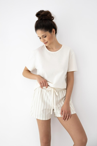 Дамска пижама Jemma Sensis ecru/беж, памук, къс ръкав, райе