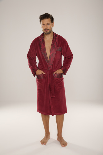 868 Благороден мъжки велурен халат De Lafense - елегантен, мек, първокласен, цвят бордо