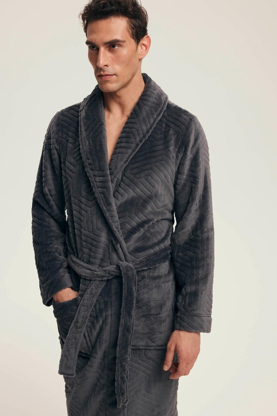 Мъжки халат Henderson 43379 Nandu, сив - с връзване на талията, дължина до коляното