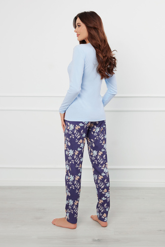 Pulia Дамска пижама с дълъг ръкав и дълъг панталон Италианска мода - синьо/печат