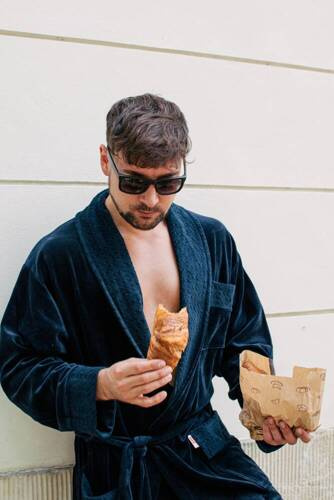 712 Мъжки халат от велур De lafense - тъмносин