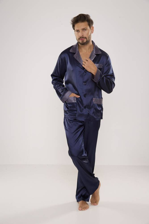 939 Мъжка сатенена пижама - тъмносиня 
