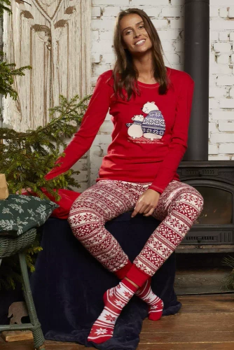 Arktyka Дамска пижама с дълъг ръкав и дълъг панталон Италианска мода - червено/принт