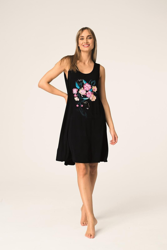 Key LND 560 черна бамбукова дамска нощница с принт