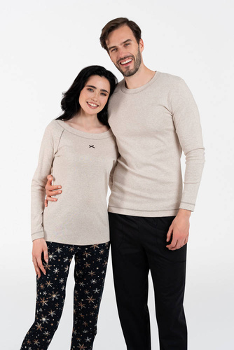 Denali Дамска пижама с дълъг ръкав и дълъг панталон Италианска мода - бежов меланж/принт