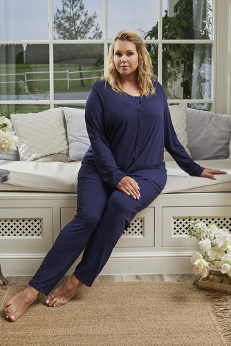 Song Дамска пижама с дълъг ръкав и дълъг панталон Италианска мода - тъмносиньо