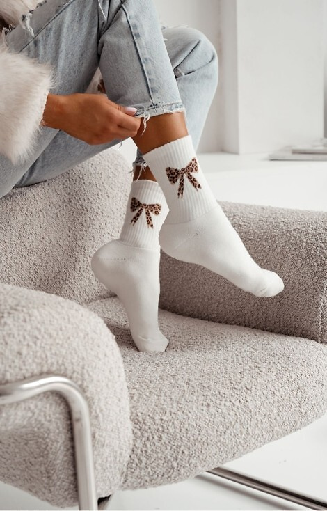 0118-014 Дамски хавлиени чорапи Milena в екрю - памучни, с панделка, топли