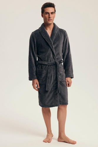 Мъжки халат Henderson 43379 Nandu, сив - с връзване на талията, дължина до коляното