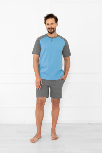 Мъжка пижама Alexander Italian Fashion - къси ръкави и къси панталони, 100% памук - синьо/сиво