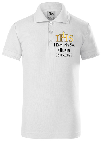 Поло тениска с къс ръкав Moocha "Първо Свето Причастие с име и дата", бяла