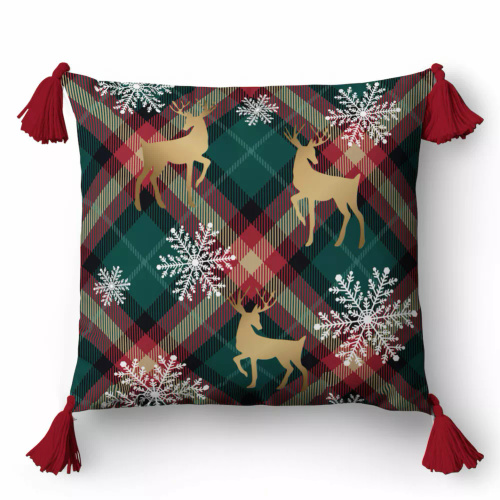 5381 Декоративна калъфка за възглавница Detexpol с елени и снежинки на кариран фон - цип