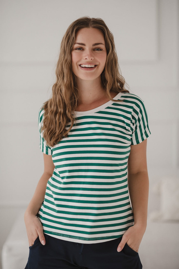 Two Ways двустранна блуза за бременни и кърмене | Къс ръкав, удобни зелени и бели райета Milk&Love