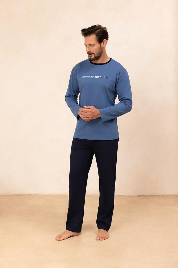 Regina 494 navy blue – мъжка памучна пижама с дълъг ръкав, класическа кройка