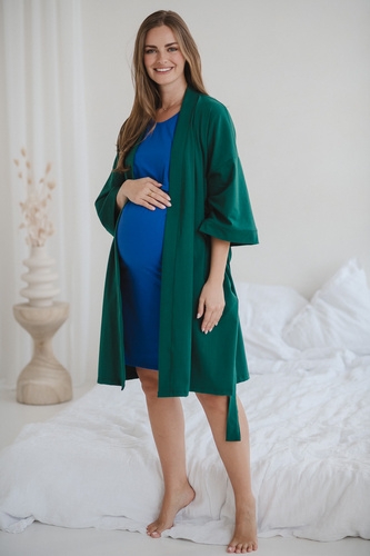 Халат за бременни Milk&amp;Love, бутилково зелен – памук с еластан, удобен, 7/8 ръкави