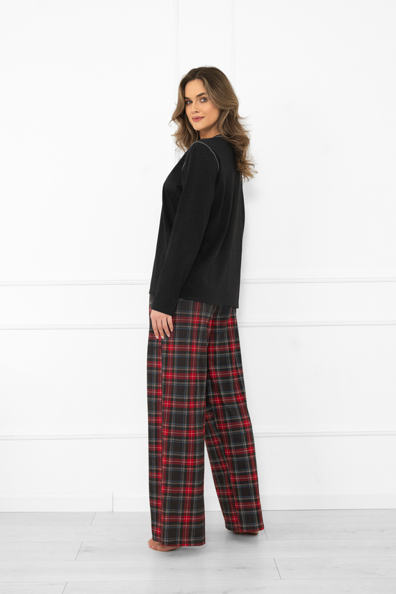 Италианска мода дамска пижама, тъмен меланж-памук, дълъг ръкав и панталон, карирана 