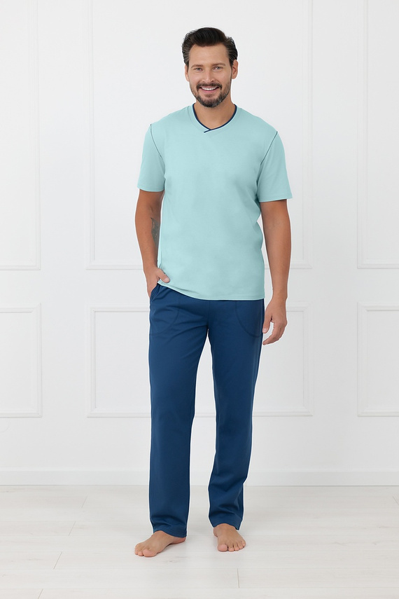 Мъжка памучна пижама Devon Italian Fashion с дълги панталони, тюркоаз