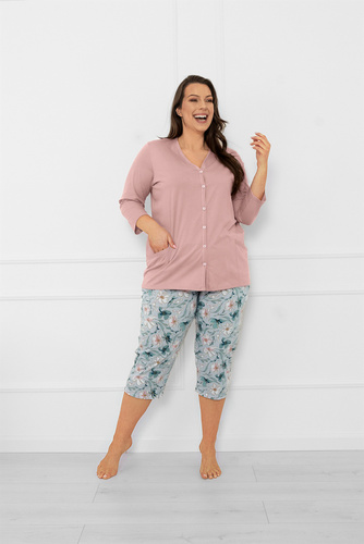 Дамска пижама Sekwoja - памучна, с 3/4 ръкав и панталон, с копчета Италианска мода  