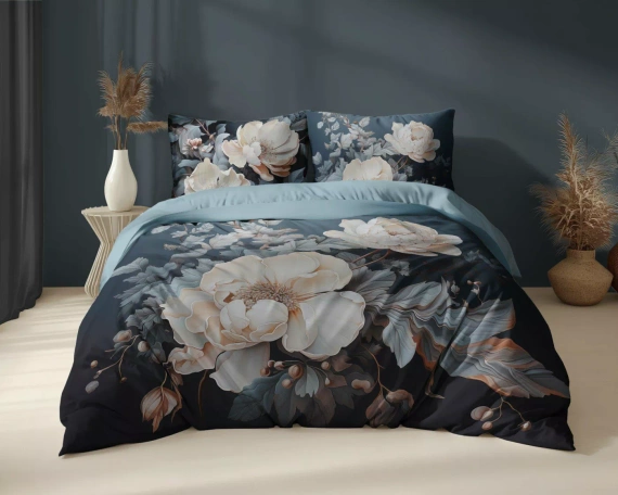 5131 Комплект спално бельо от памук Holland Detexpol, тъмен с бежови и кремави божури – 100% памук, двустранен, полско производство