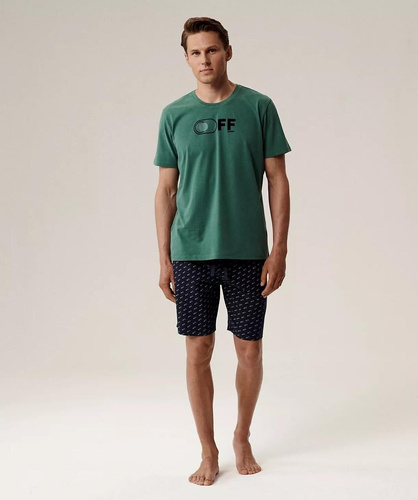 Мъжка пижама NMP-395 - зелена и тъмносиня памучна, къс ръкав, лека и удобна за лятото