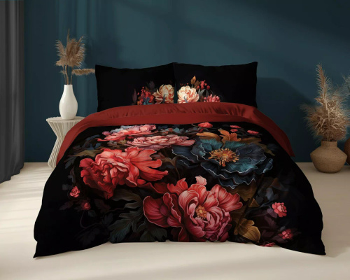 5116 Комплект спално бельо от памук Holland Detexpol, черен с мотив на божур – 100% памук, двустранен, полско производство