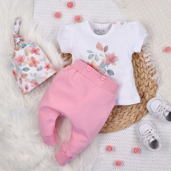 ABN-5426 Kolorowe kwiatki Spodnie dresowe z bawełny organicznej Nini różowy