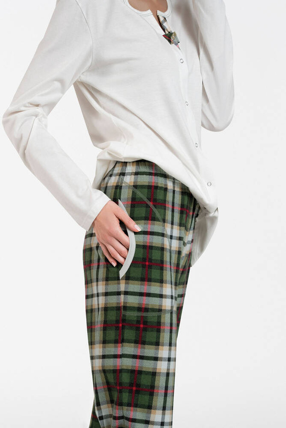 Asama Дамска пижама с разкопчани копчета, дълъг ръкав и дълъг панталон Италианска мода - екрю/принт