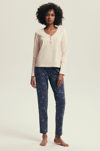 Дамска пижама 43698 Delanie Henderson кремава - памук, дълги ръкави, елегантен дизайн