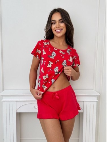 Дамска пижама Bear Short Donna - памучна, коледна, с волани