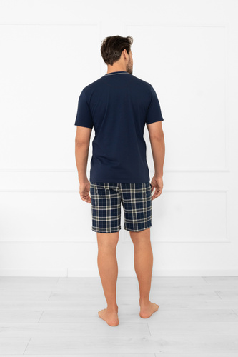 Мъжка пижама Andreas - къс ръкав, дълъг панталон, памук Италианска мода - морско синьо/принт