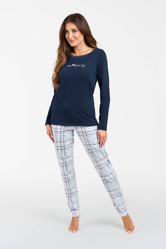 Glamour Дамска пижама с дълъг ръкав и дълъг панталон Италианска мода - морско синьо/принт