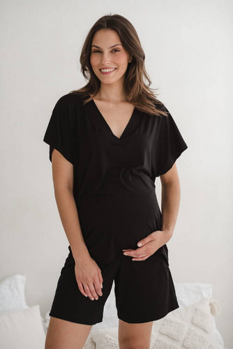 Moon bambusowa bluzka od piżamy ciążowej do karmienia krótki rękaw Milk&Love czarny