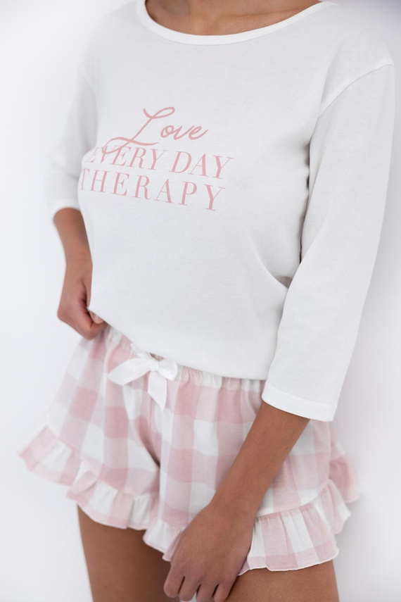 Емили Сенсис – Дамски памучен пижамен комплект | Тениска с 3/4 ръкав и шорти с волани