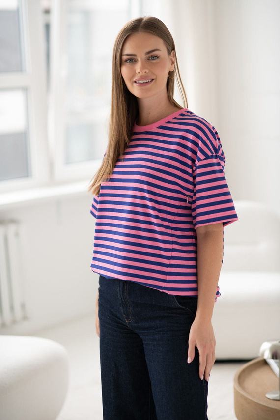 Тениска за бременни и кърмачки Mamahood Milk&Love на розово и синьо райе - удобна и стилна